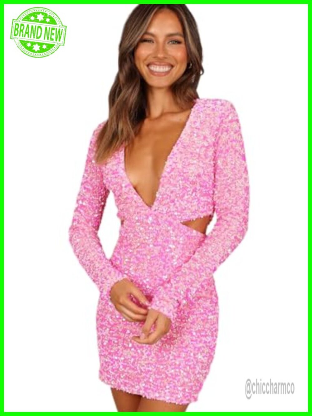 Velvet Sequin Mini Dress Long Sleeve V-Neck Bodycon